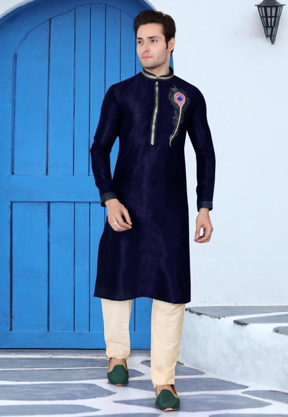 Navy Blue Dupion Silk Readymade Kurta Pajama 205891