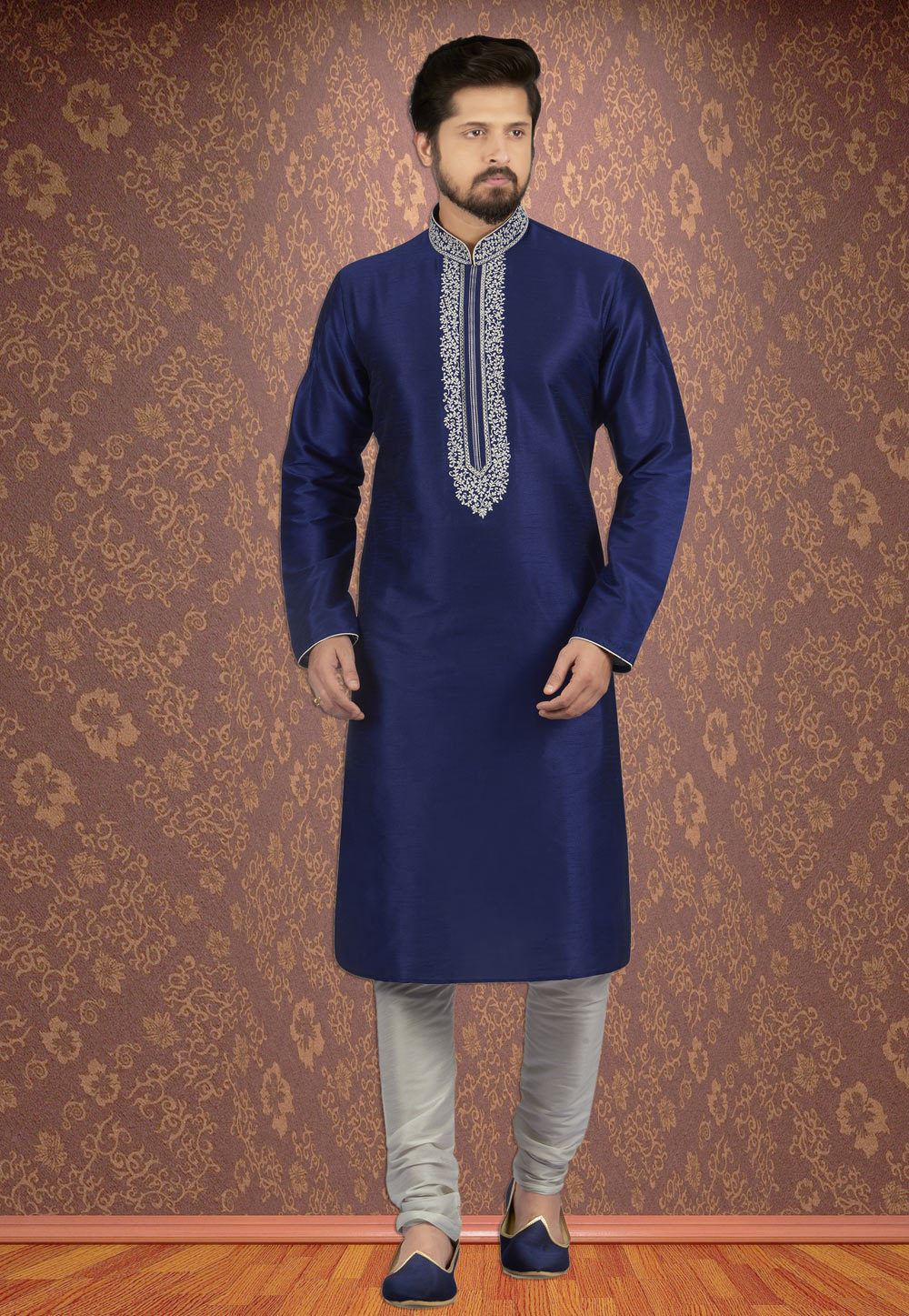 Navy Blue Dupion Silk Readymade Kurta Pajama 205892