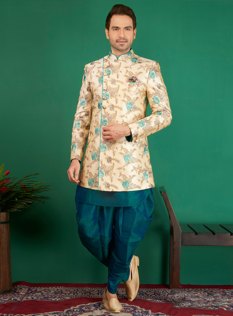 Cream Jacquard Readymade Dhoti Sherwani 141095