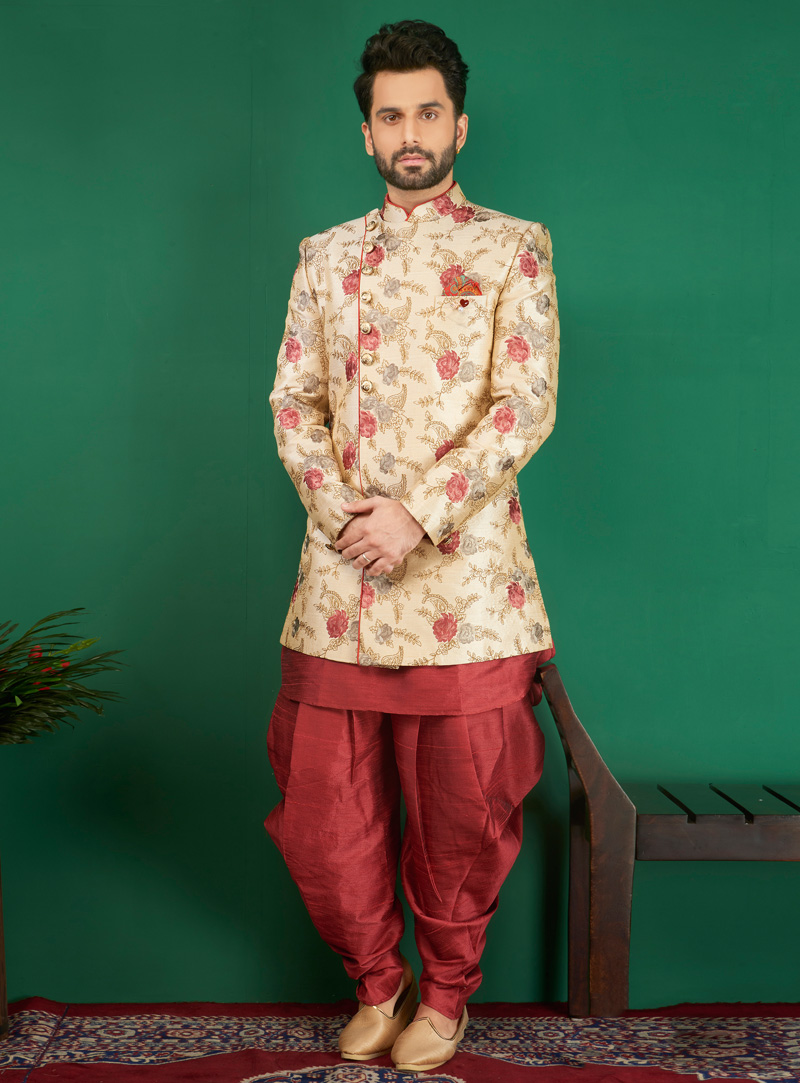 Desert Sand Sherwani Jecquared Silk Dhoti main image 1