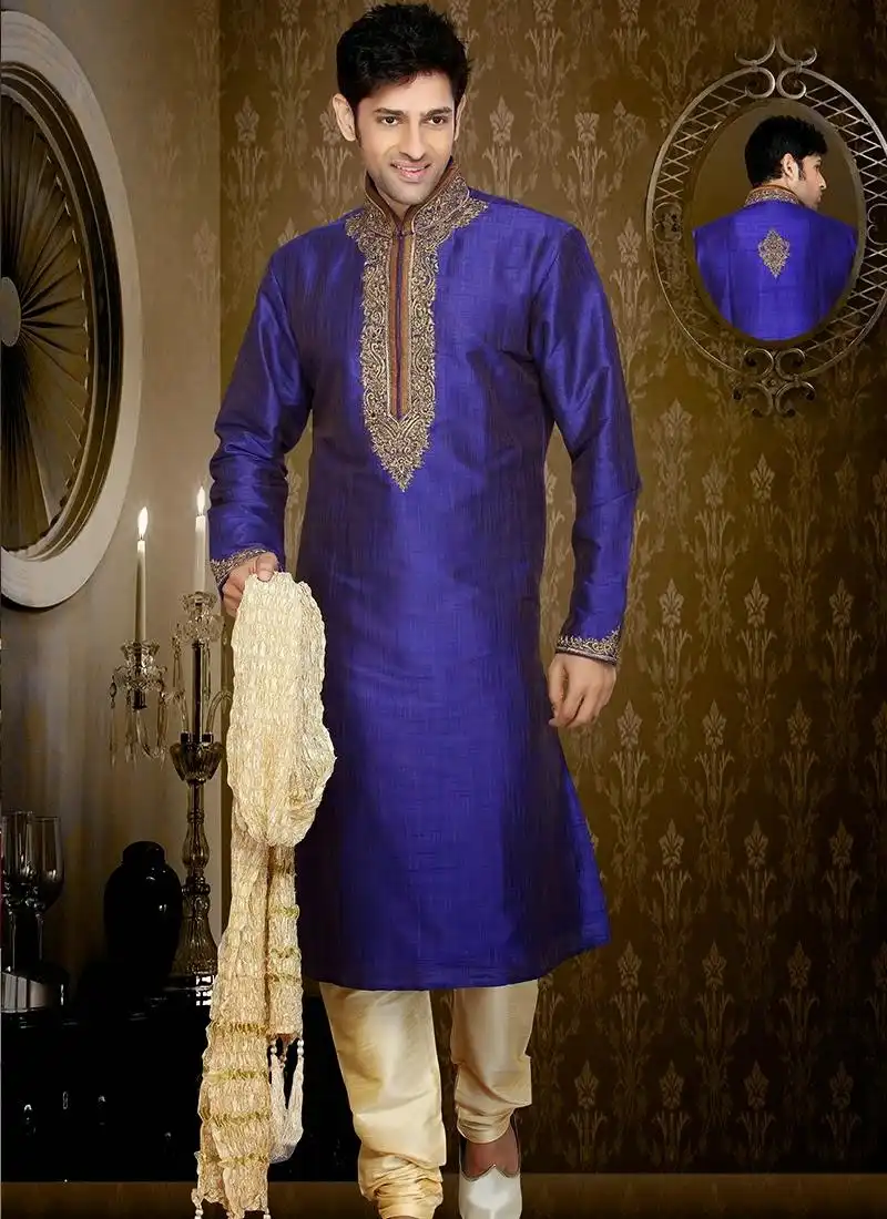 Blue Resham Work Ghicha Kurta With Churidar 40744