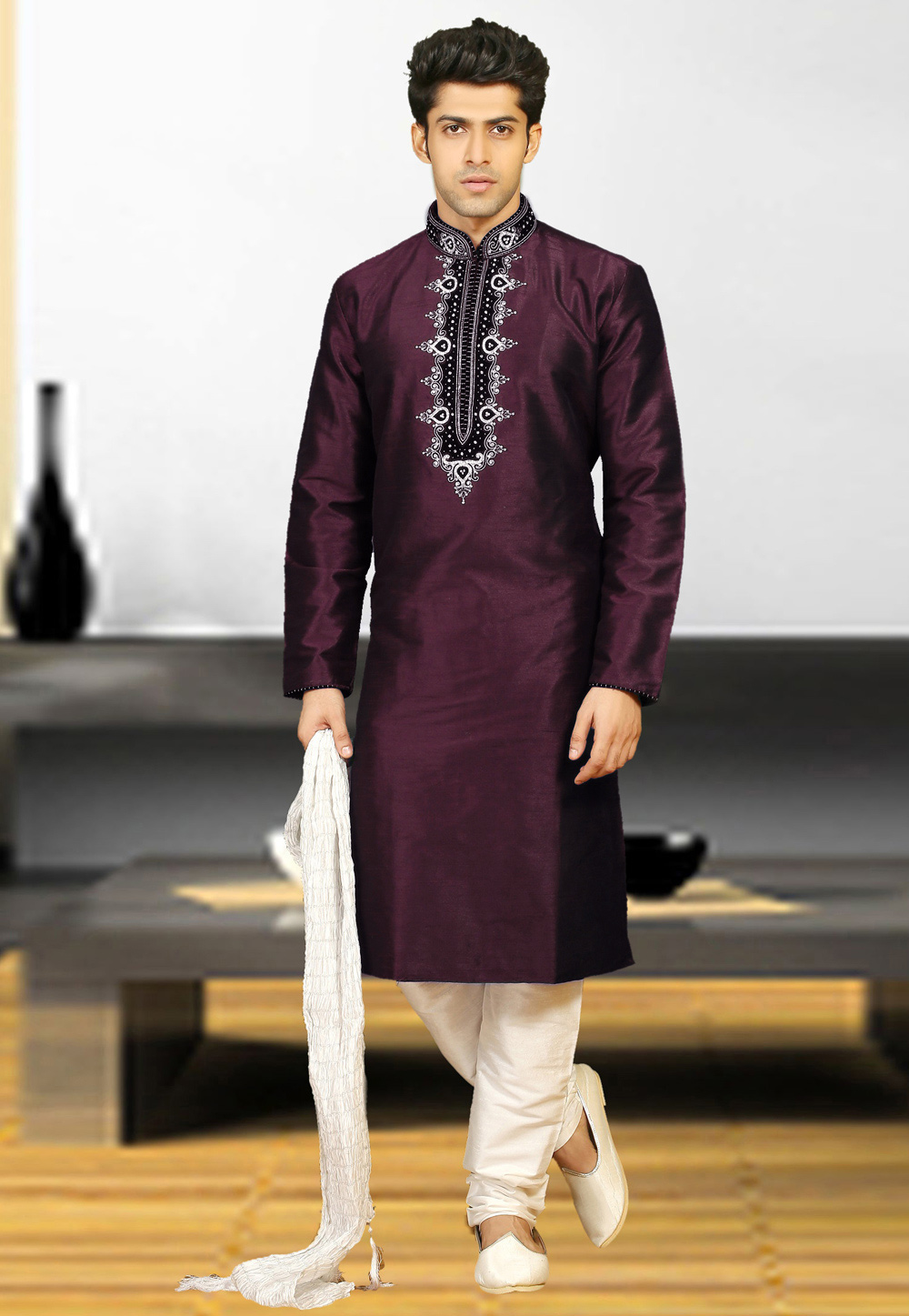 Purple Dupion Silk Readymade Kurta Pajama 205893