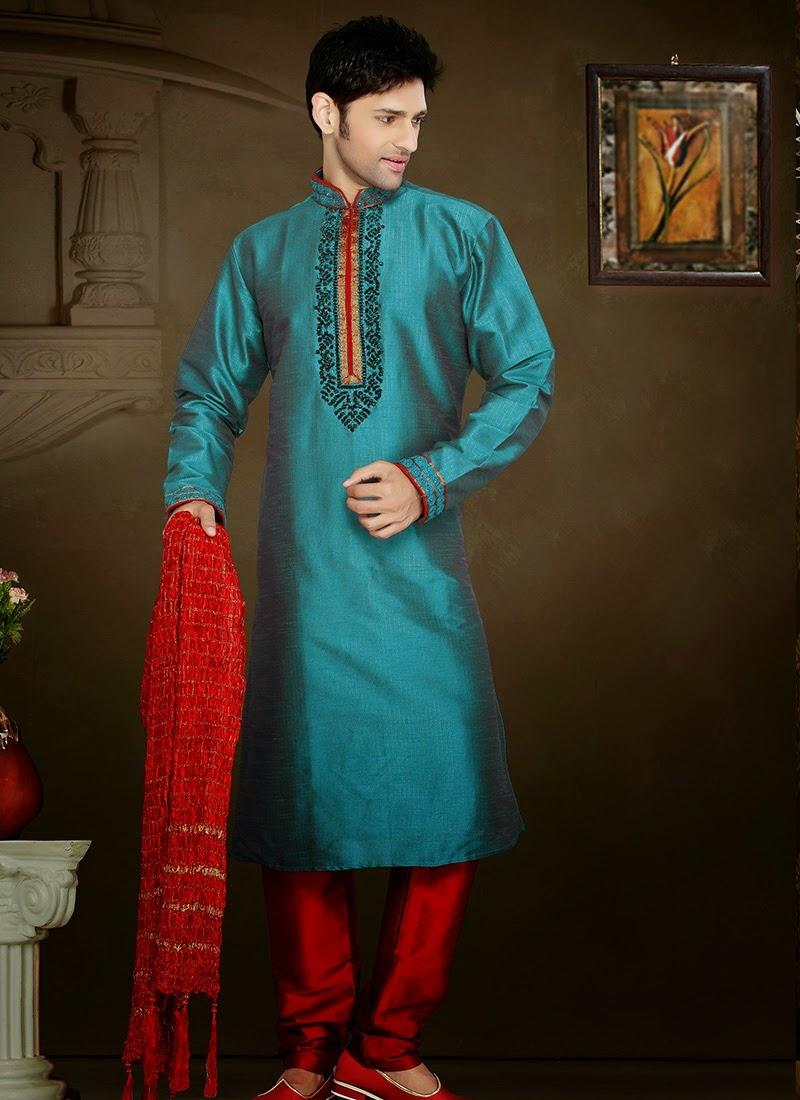 Blue Silk Resham Work Kurta With Red Churidar 40755