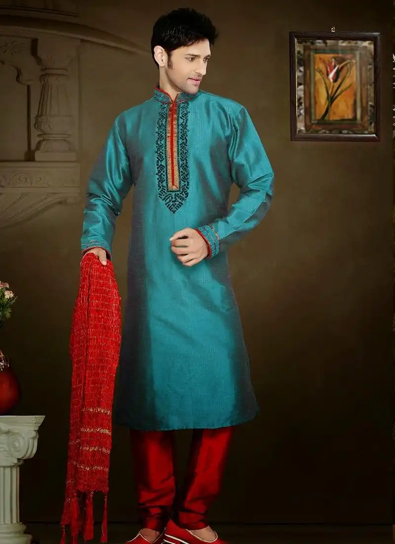 Blue Silk Resham Work Kurta With Red Churidar 40755