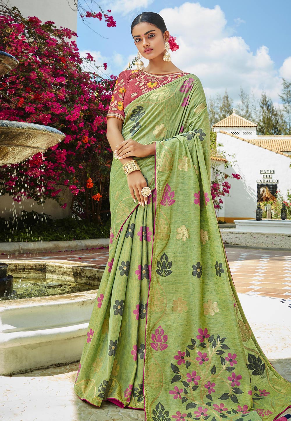 Green Cotton Jacquard Saree With Blouse 201758
