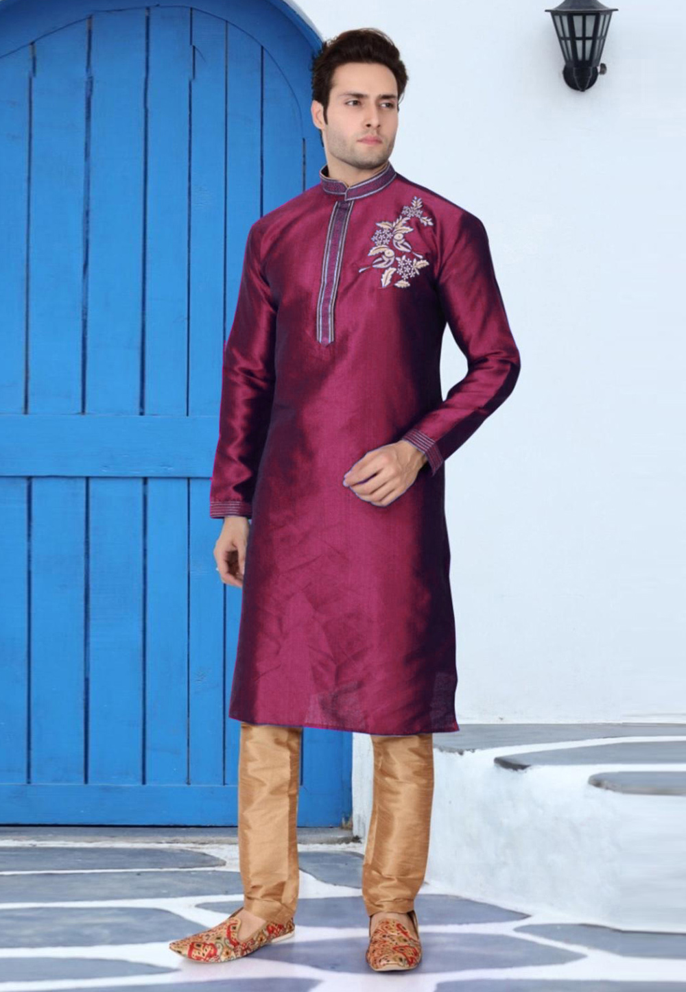 Magenta Dupion Silk Readymade Kurta Pajama 205896