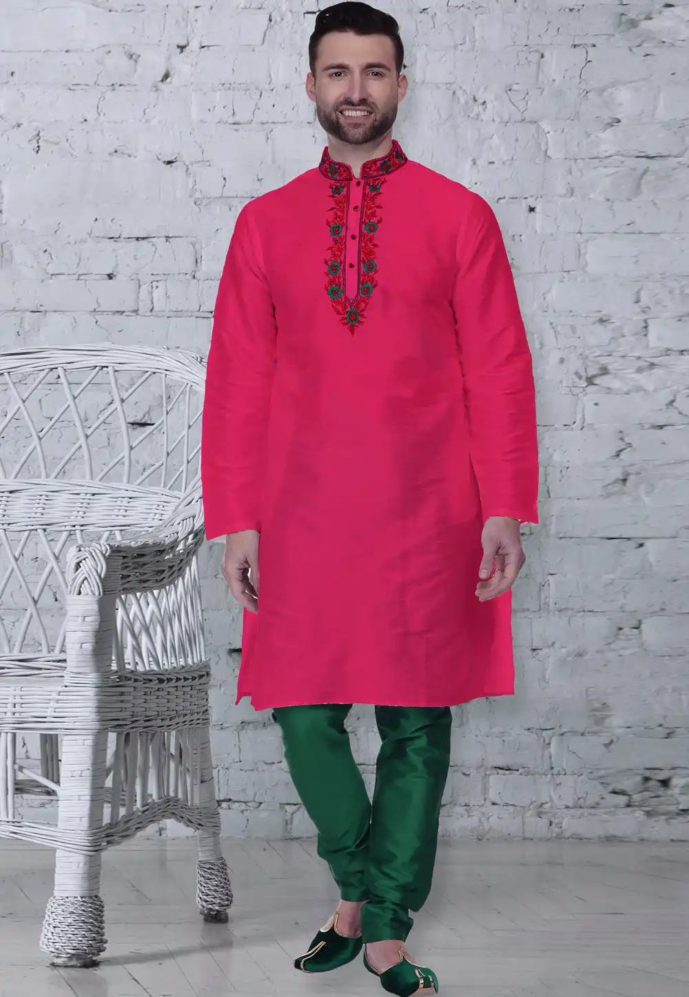 Pink Dupion Silk Readymade Kurta Pajama 203885