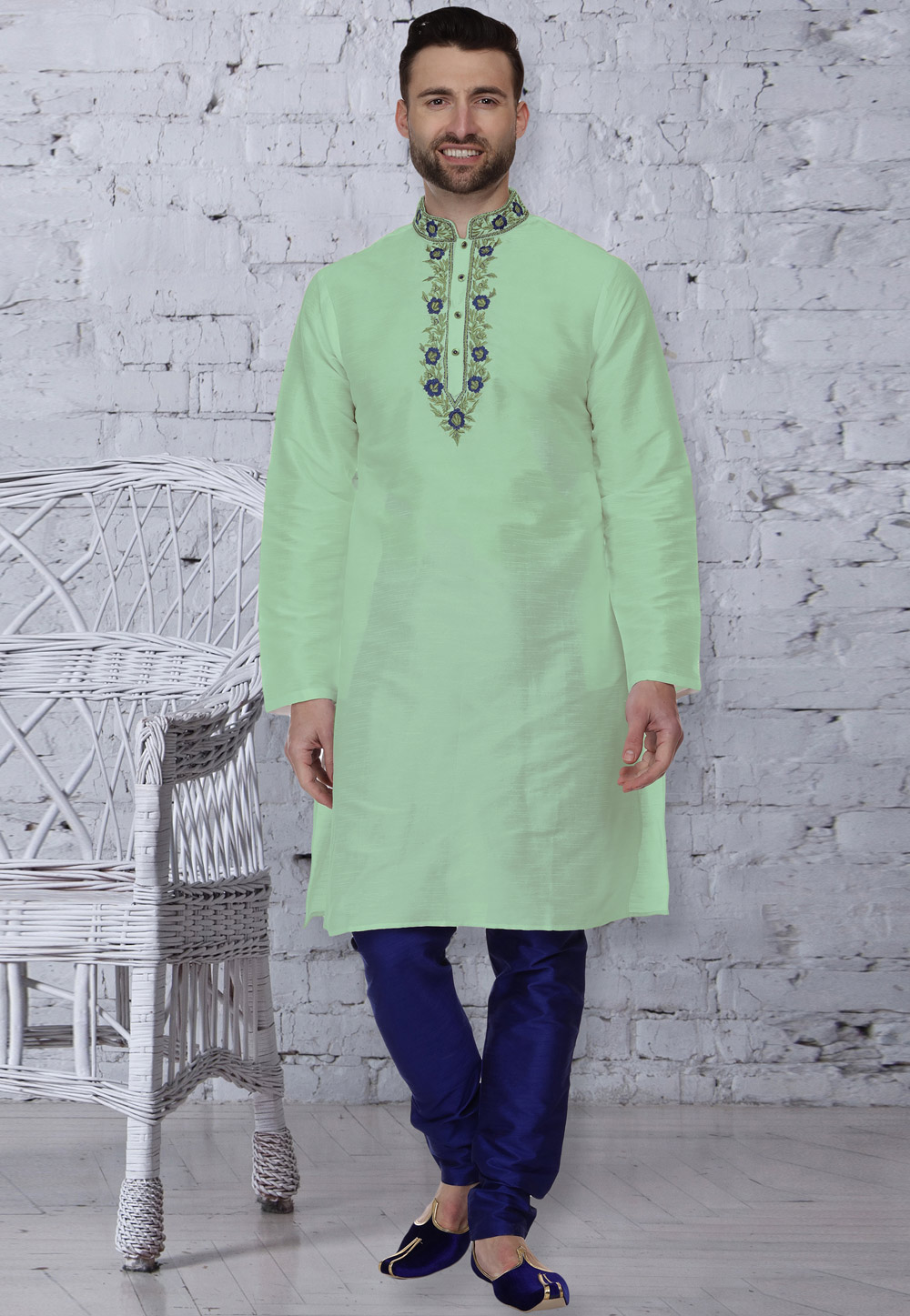 Light Green Dupion Silk Readymade Kurta Pajama 203887