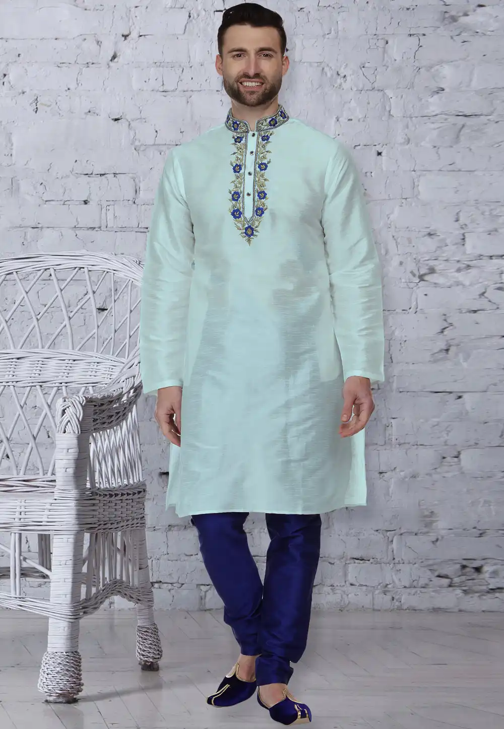 Light Blue Dupion Silk Readymade Kurta Pajama 203889