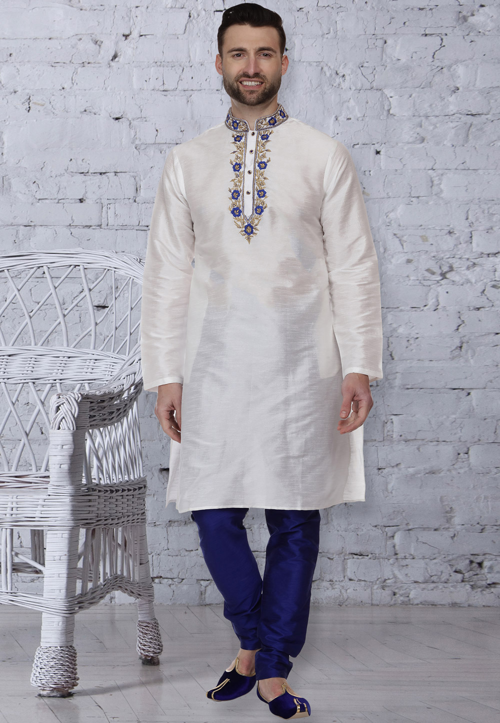 Off White Dupion Silk Readymade Kurta Pajama 160956