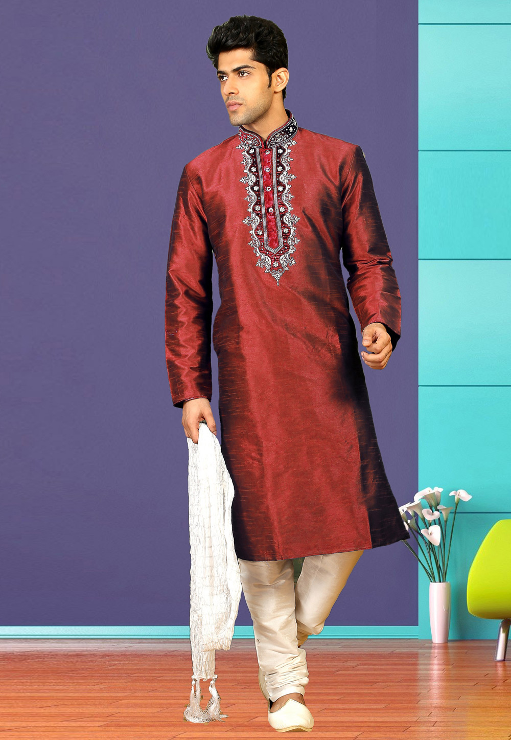 Red Dupion Silk Readymade Kurta Pajama 205898