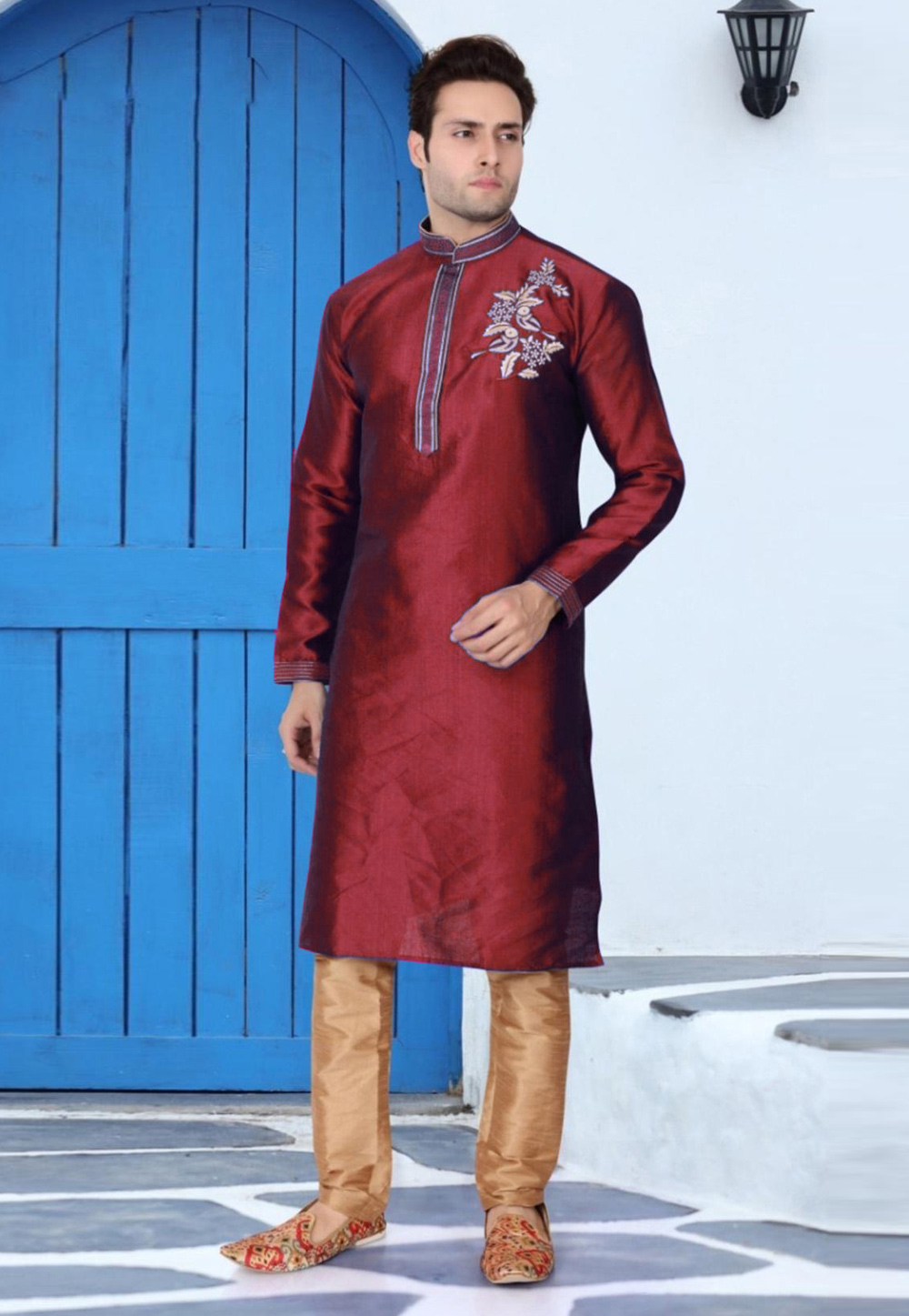 Maroon Dupion Silk Readymade Kurta Pajama 205899