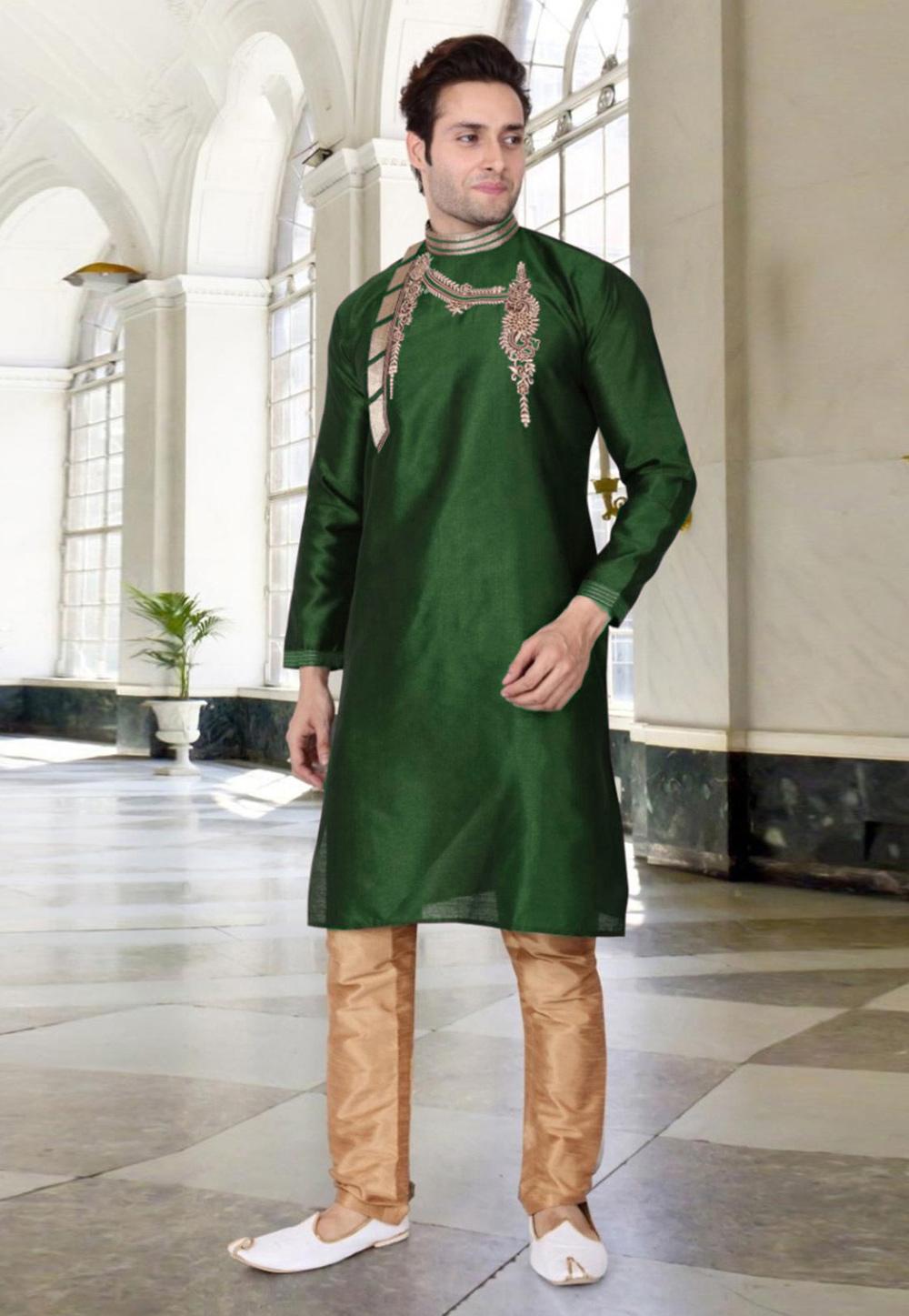 Green Dupion Silk Readymade Kurta Pajama 205901