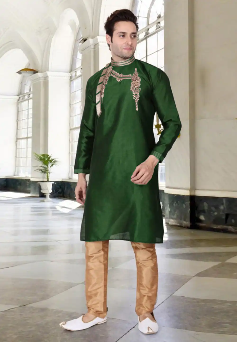 Green Dupion Silk Readymade Kurta Pajama 205901
