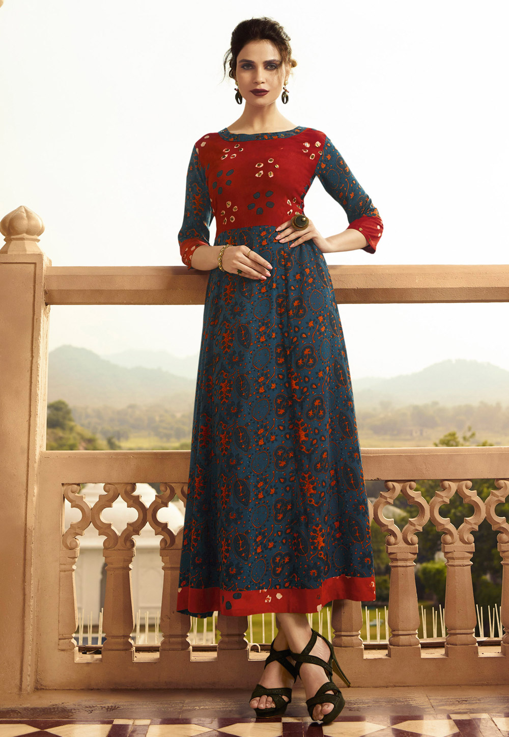 Navy Blue Rayon Readymade Printed Tunic 202166