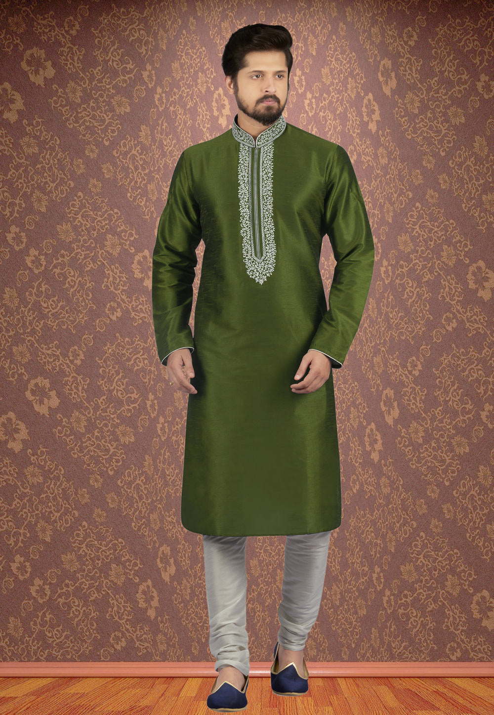 Green Dupion Silk Readymade Kurta Pajama 205902