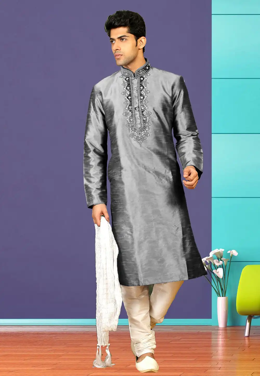 Grey Dupion Silk Readymade Kurta Pajama 205903