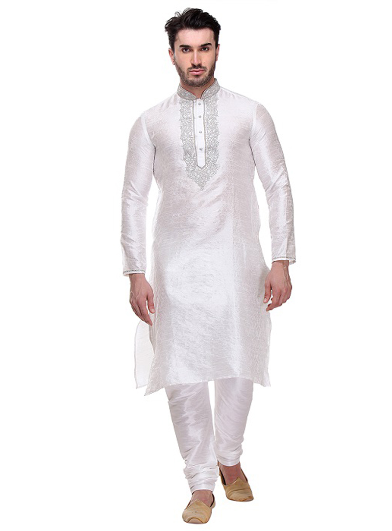 White Dupion Readymade Kurta Pajama 99141