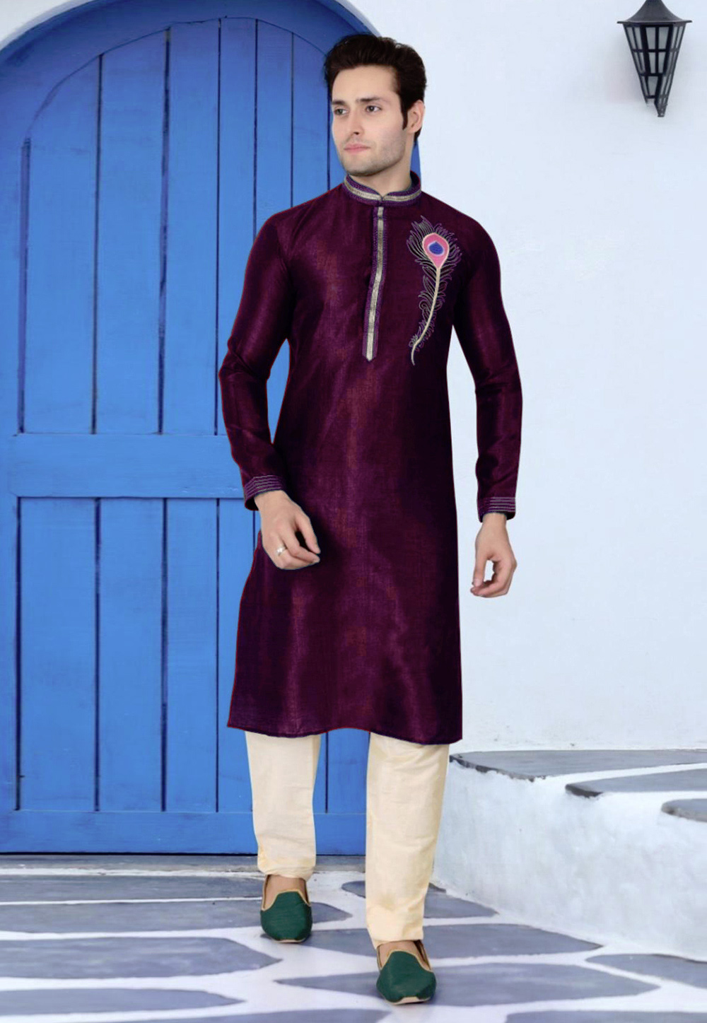 Wine Dupion Silk Readymade Kurta Pajama 205904