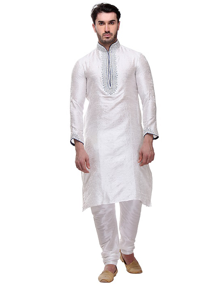 White Brocade Readymade Kurta Pajama 99142