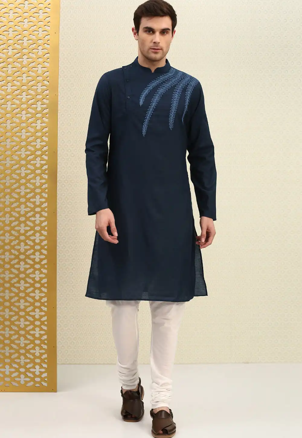 Navy Blue Cotton Readymade Kurta Pajama 206258
