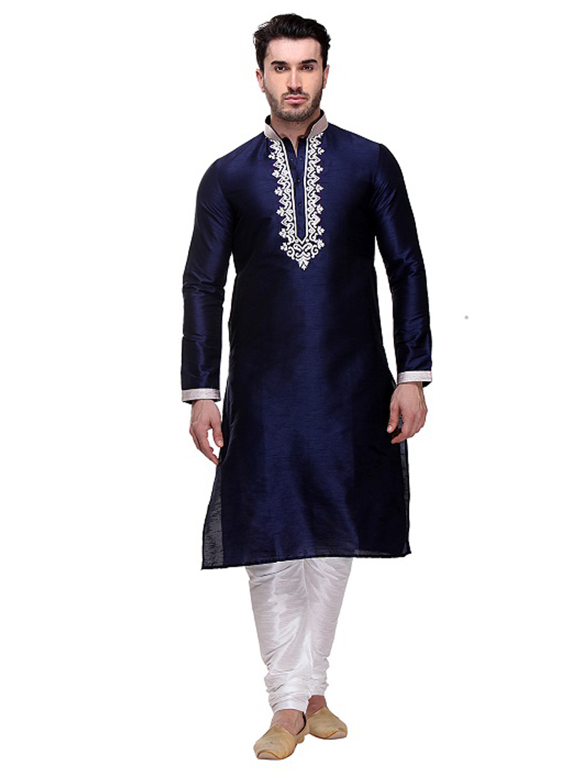 Navy Blue Dupion Readymade Kurta Pajama 99143