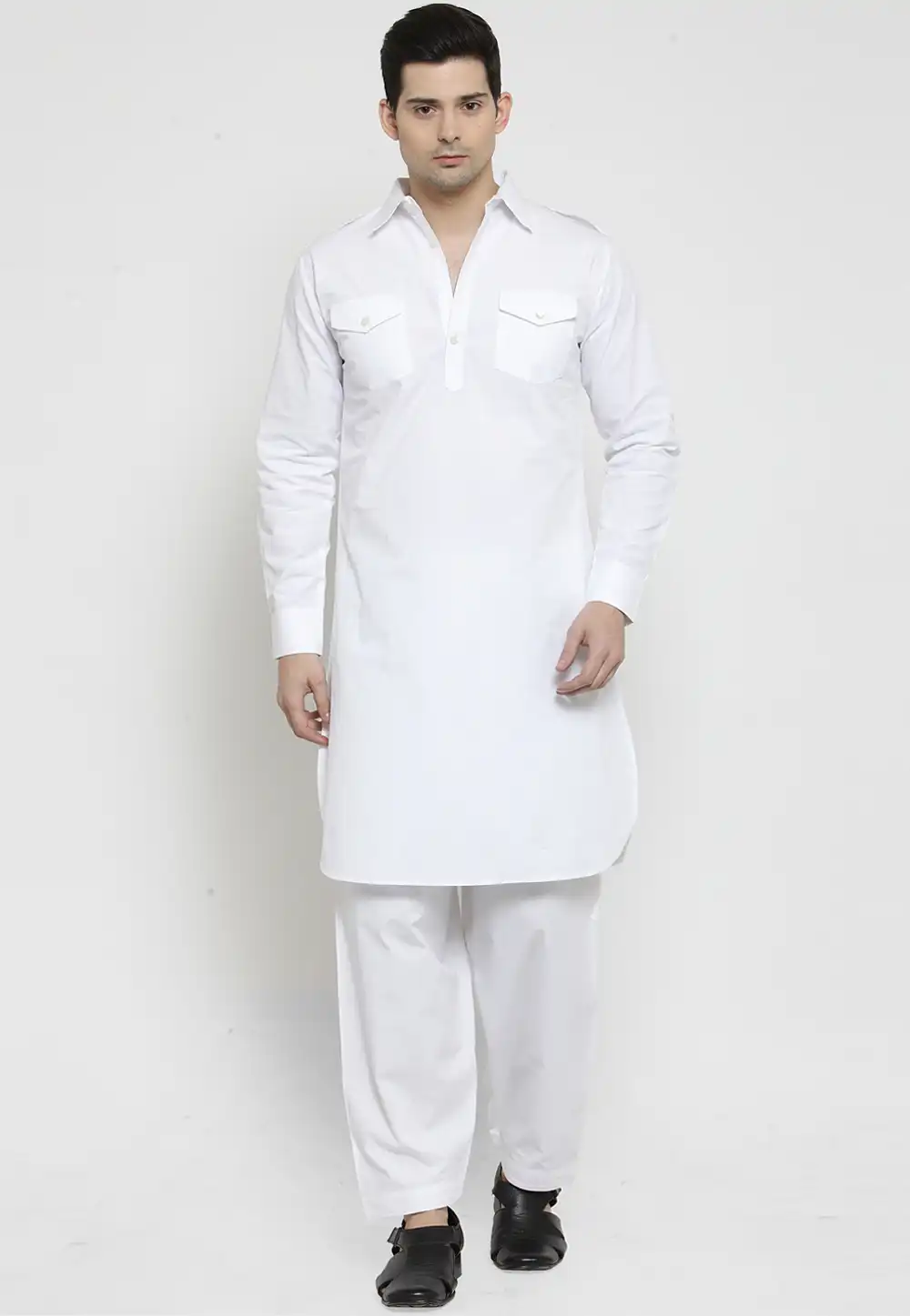 White Cotton Readymade Pathani Suit 206260