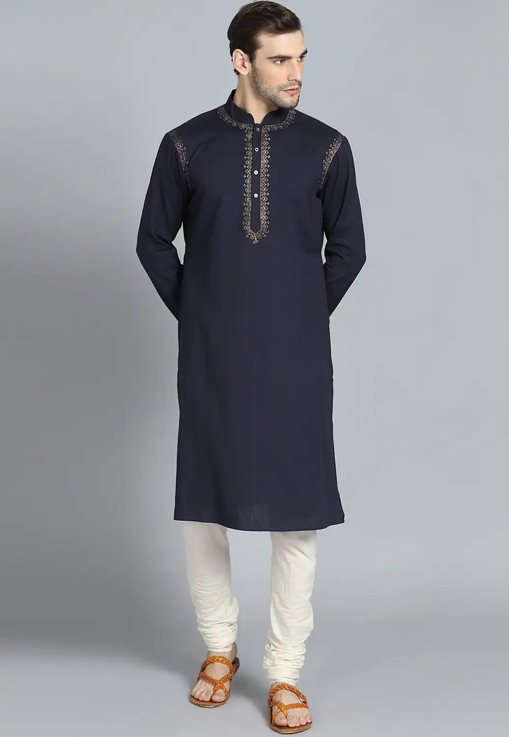 Navy Blue Cotton Readymade Kurta Pajama 206261