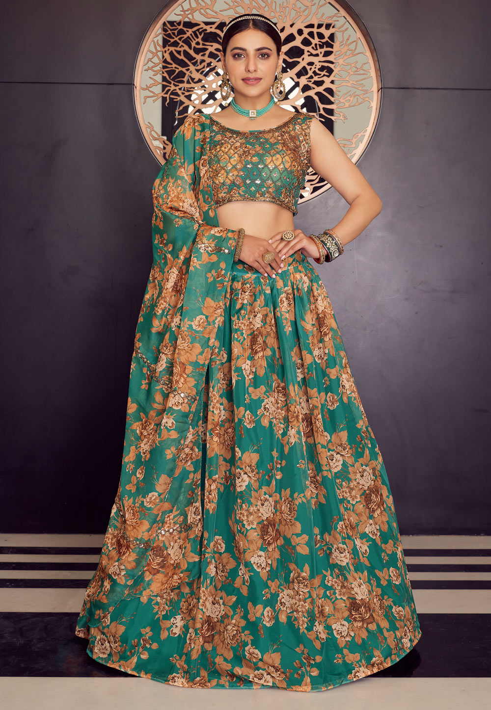 Sea Green Organza A Line Lehenga Choli 241336