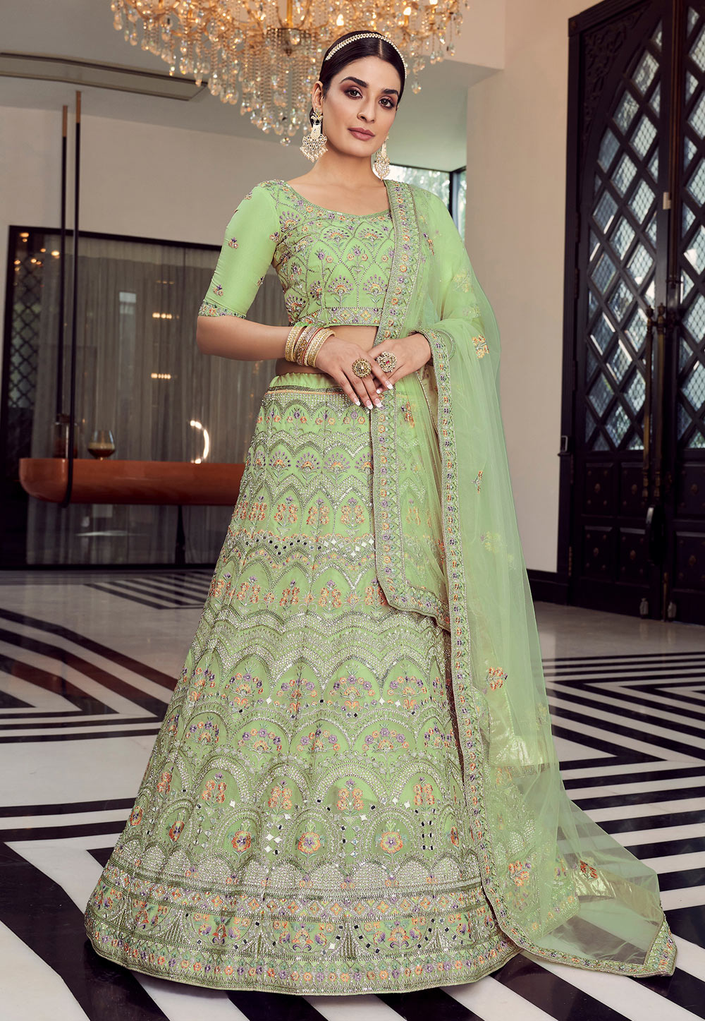 Pista Green Organza A Line Lehenga Choli 242031