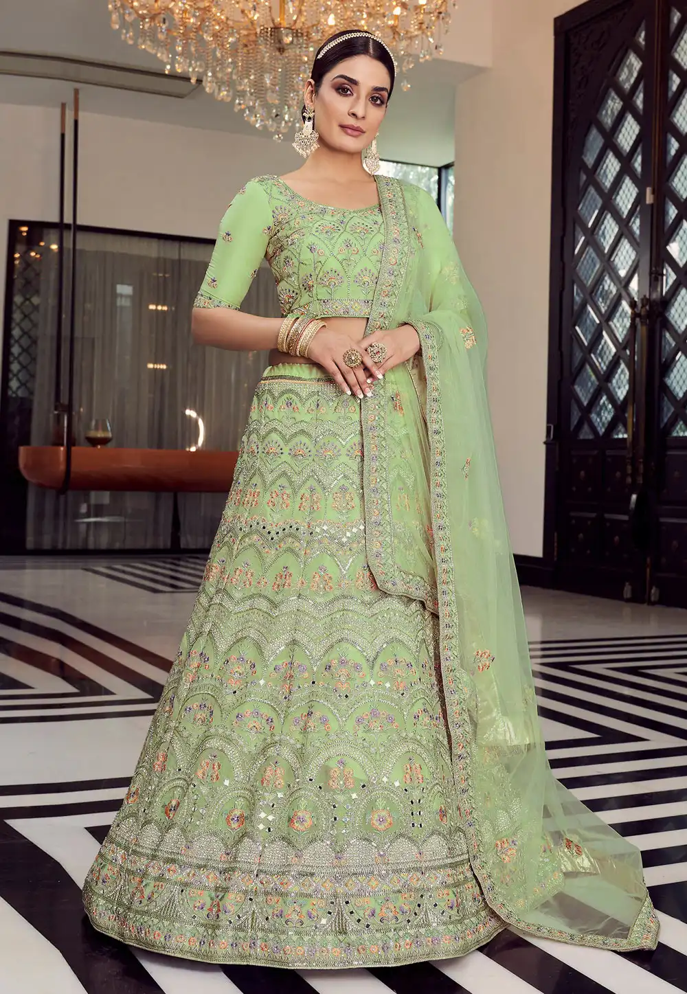 Pista Green Organza A Line Lehenga Choli 242031