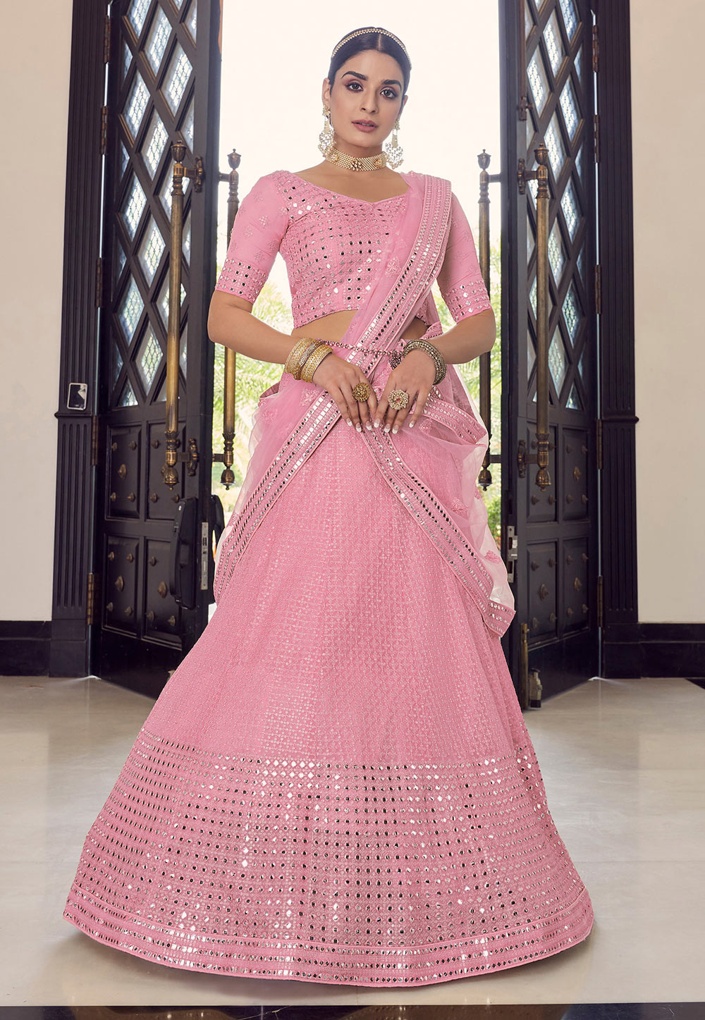 Pink Georgette A Line Lehenga Choli 242035