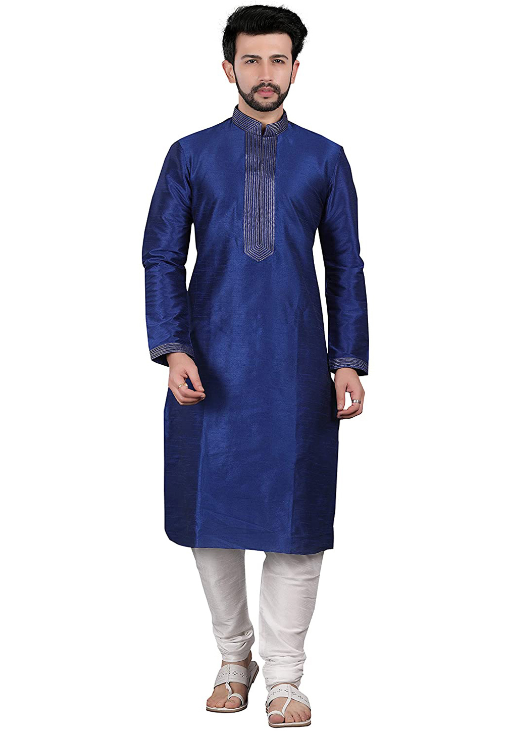 Blue Silk Readymade Kurta Pajama 206264