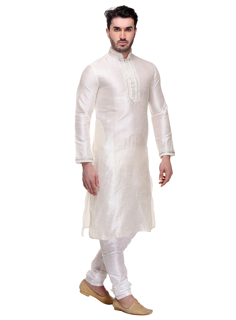 White Dupion Readymade Kurta Pajama 99149