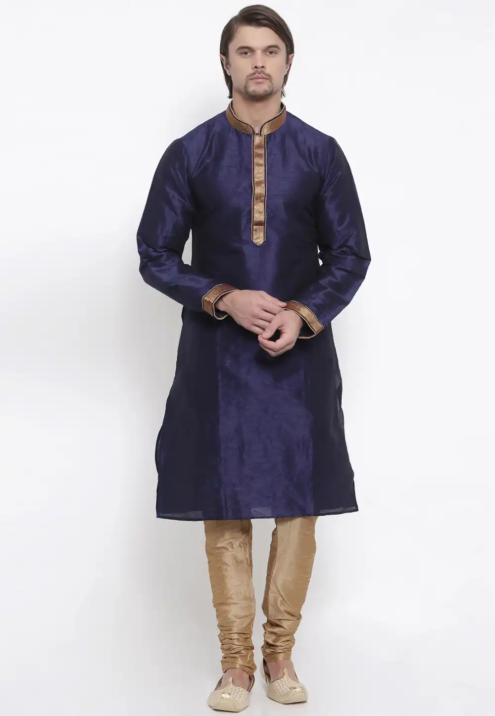 Navy Blue Silk Readymade Kurta Pajama 206269