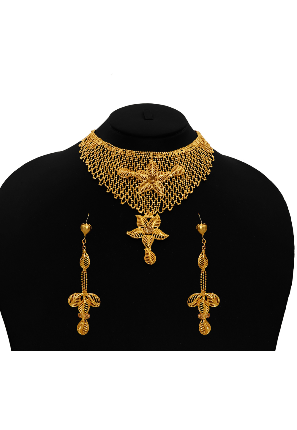 Golden Alloy Necklace Set With Earrings 216417