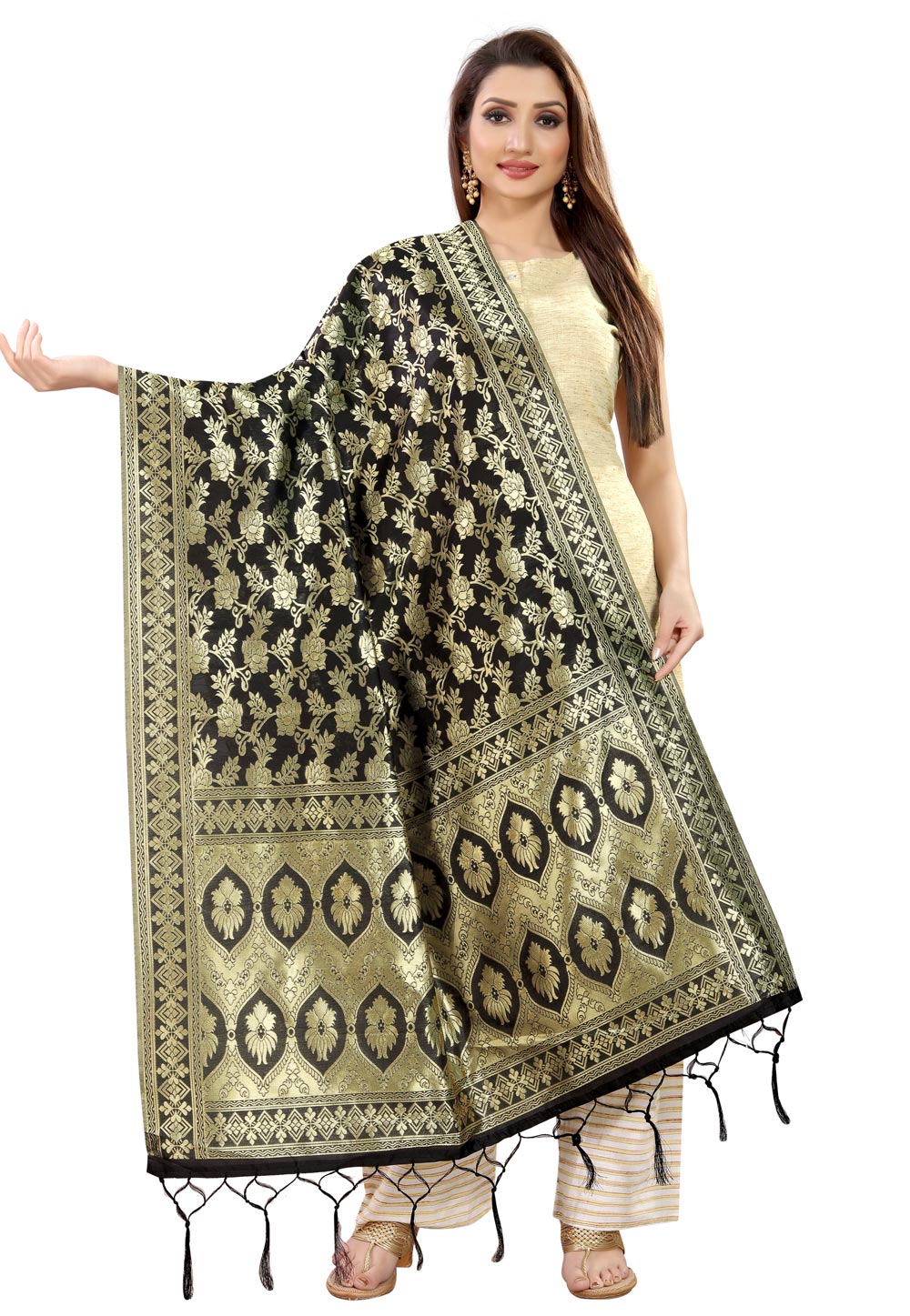 Black Banarasi Silk Dupatta 202294