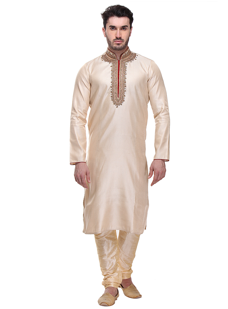 Off White Brocade Readymade Kurta Pajama 99155