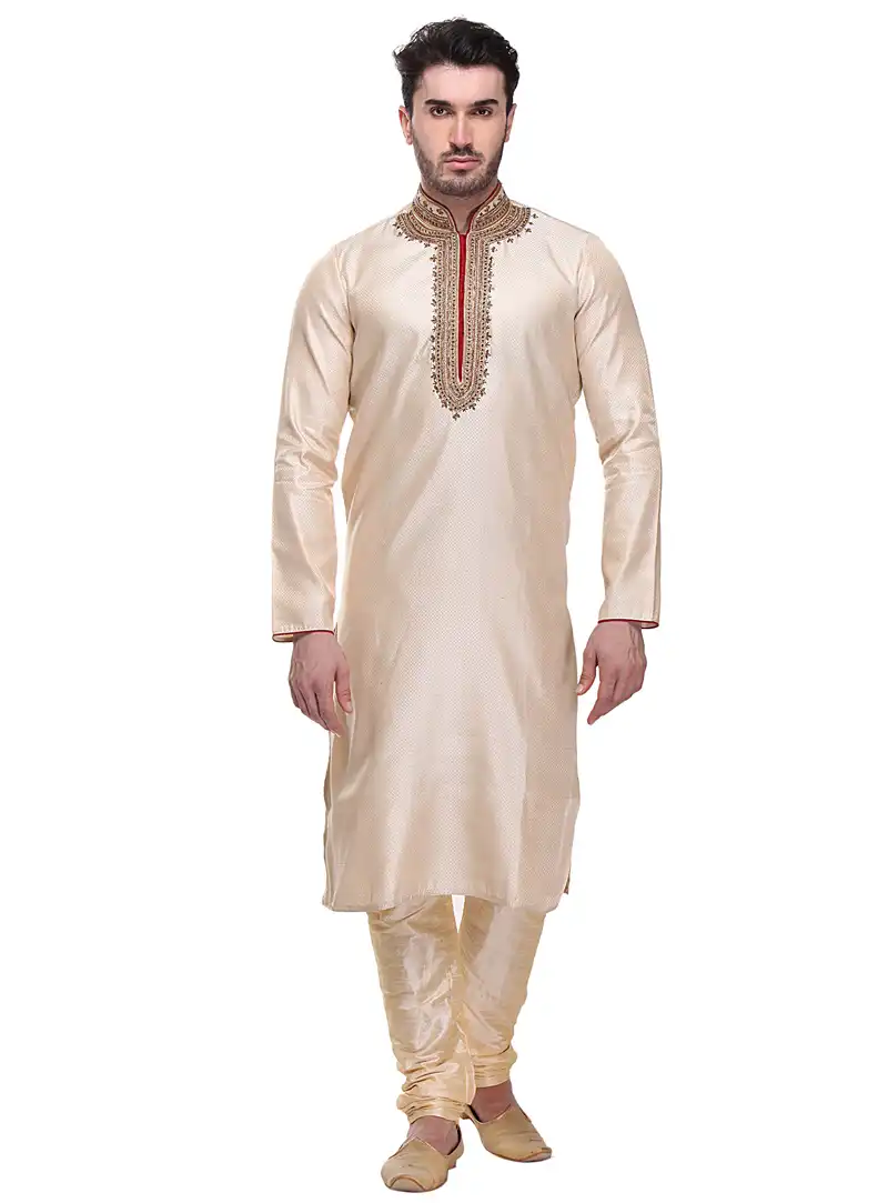 Off White Brocade Readymade Kurta Pajama 99155