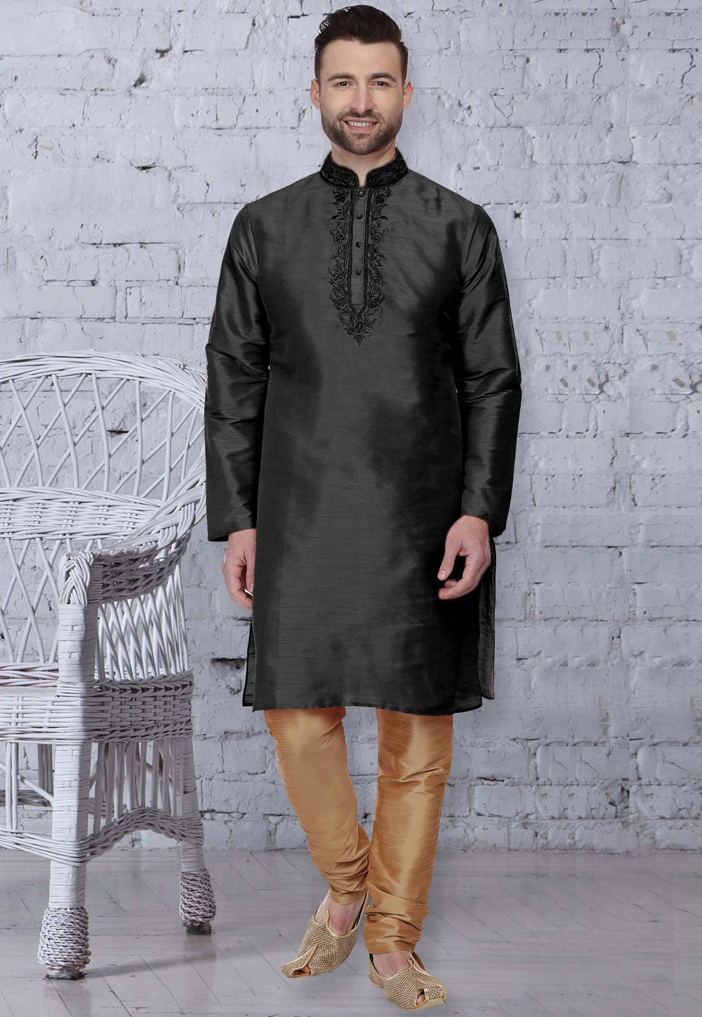 Black Dupion Silk Readymade Kurta Pajama 207544