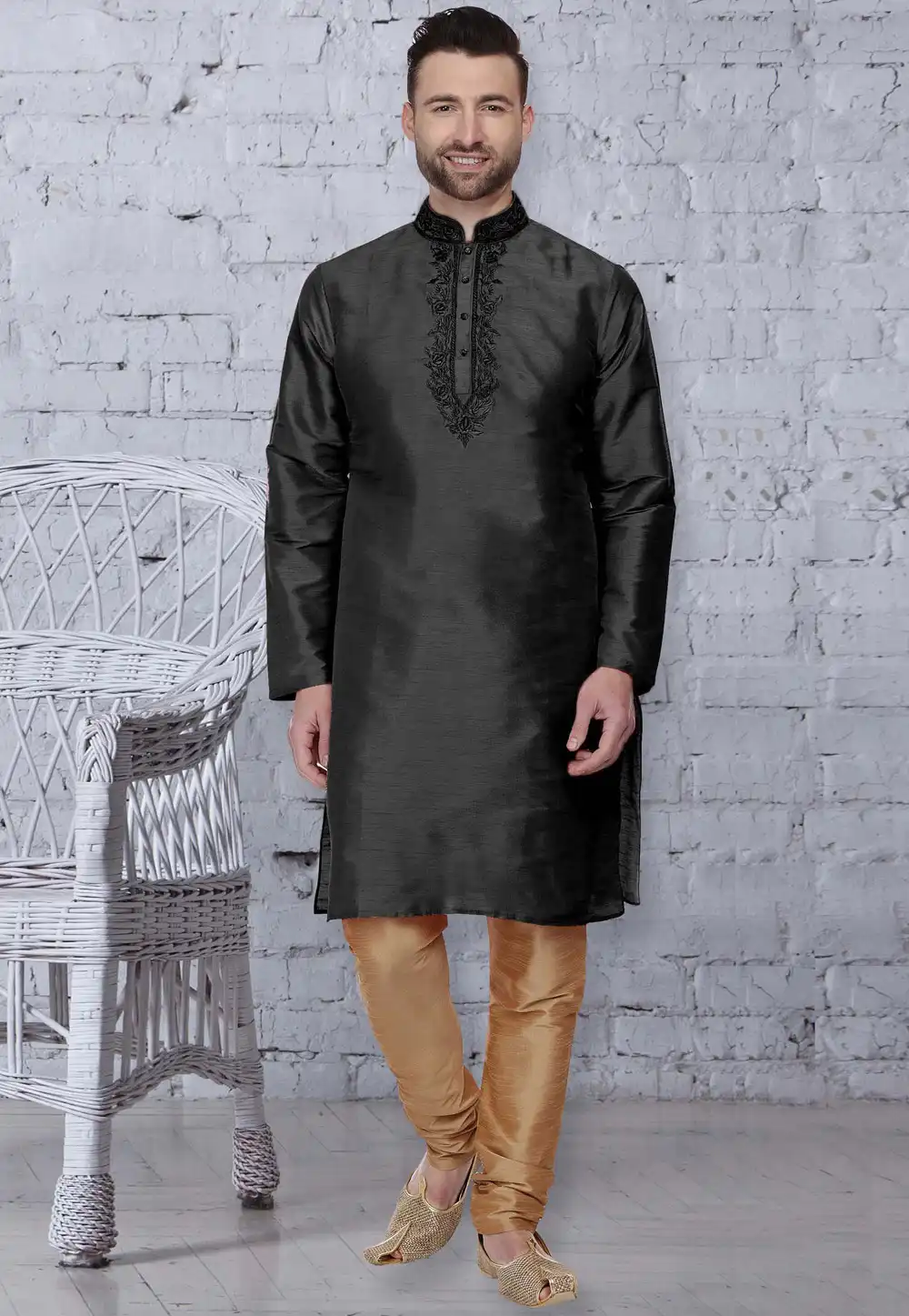 Black Dupion Silk Readymade Kurta Pajama 207544