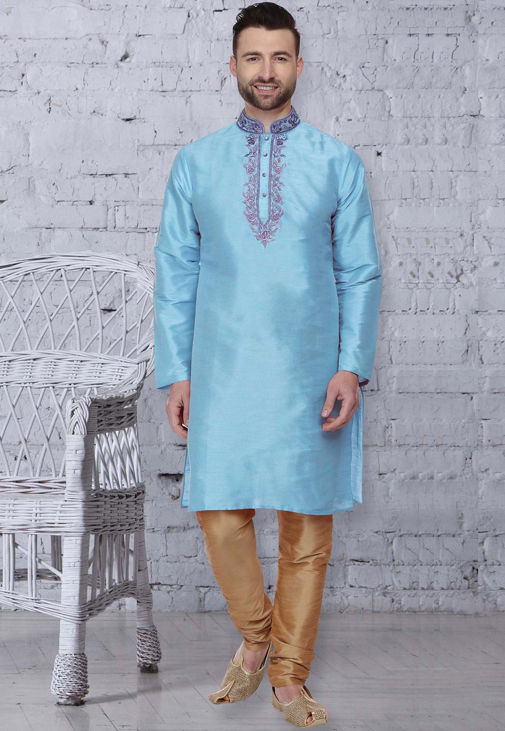 Sky Blue Dupion Silk Readymade Kurta Pajama 207546