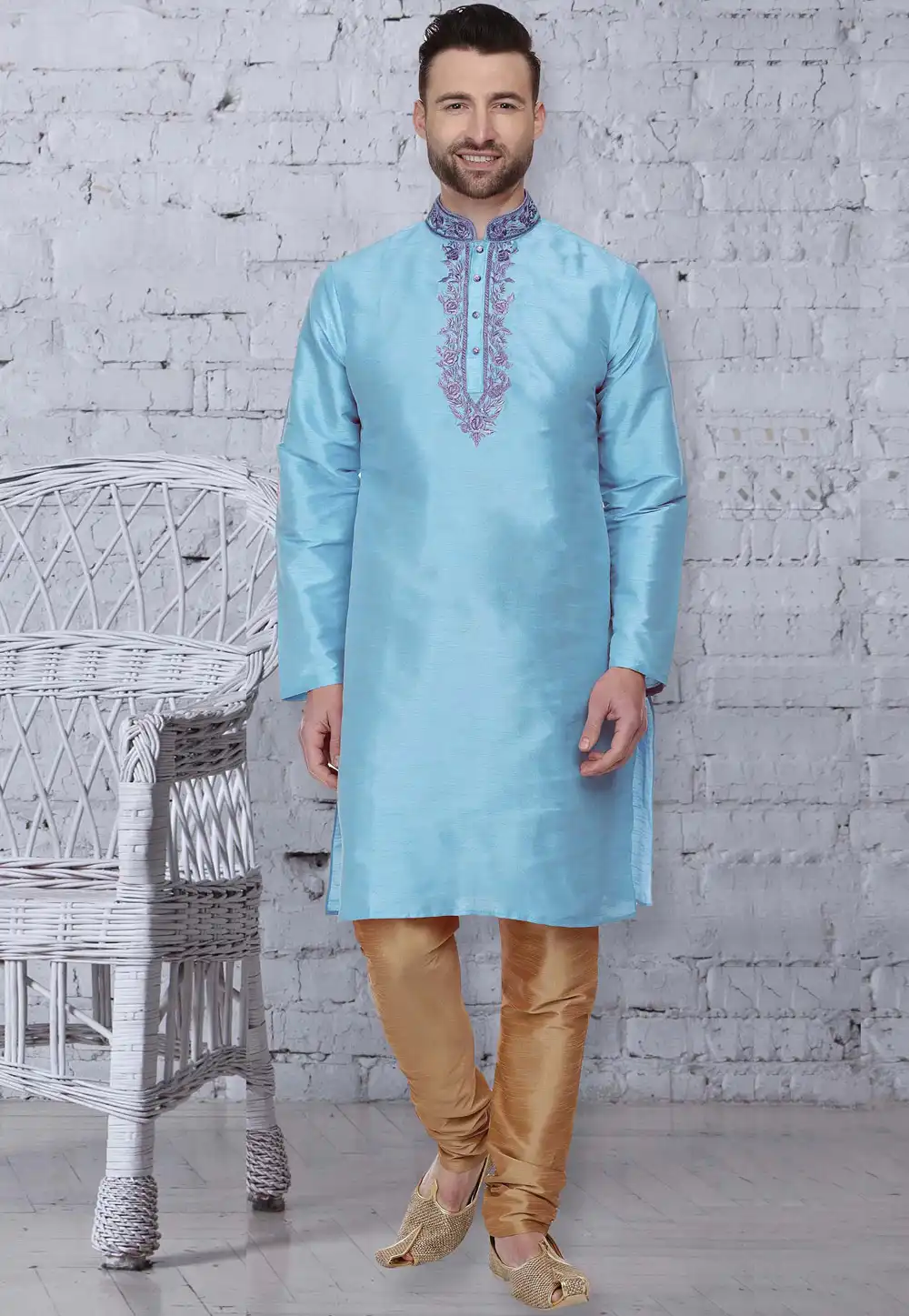 Sky Blue Dupion Silk Readymade Kurta Pajama 207546