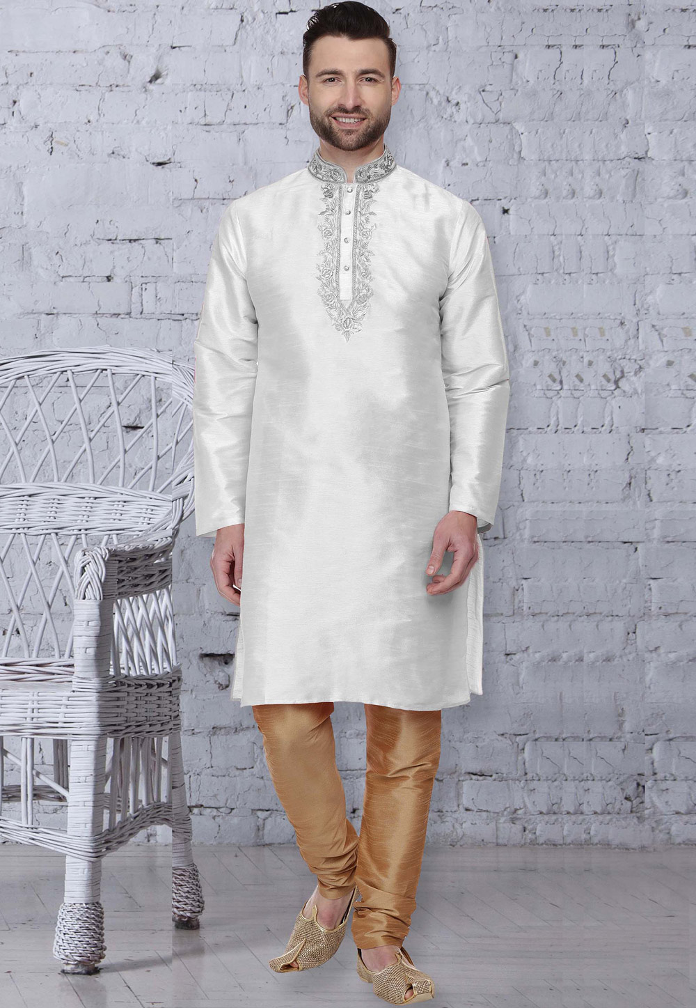 Off White Dupion Silk Readymade Kurta Pajama 207547