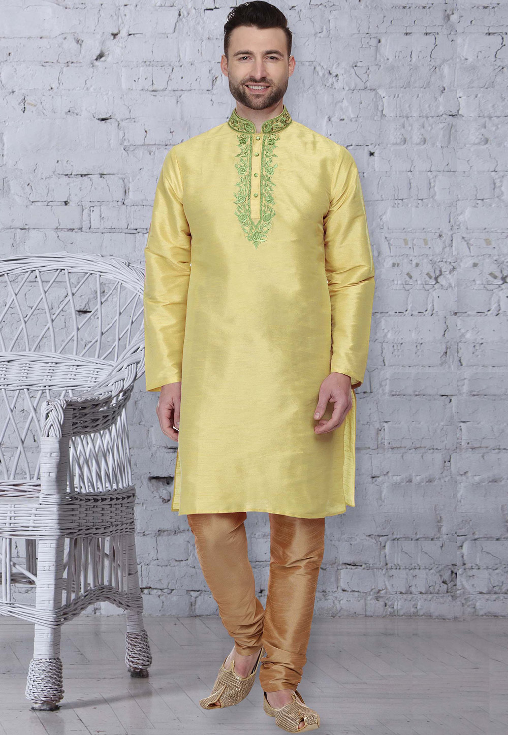 Yellow Dupion Silk Readymade Kurta Pajama 207548