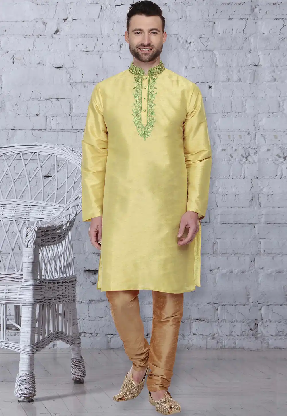 Yellow Dupion Silk Readymade Kurta Pajama 207548
