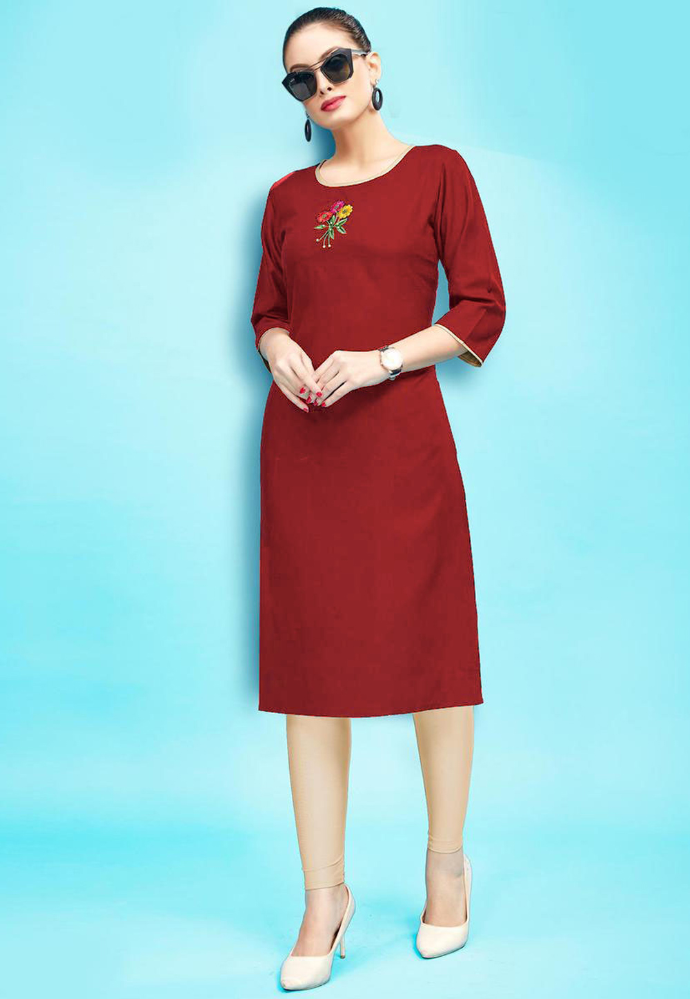 Maroon Rayon Readymade Kurti 214373