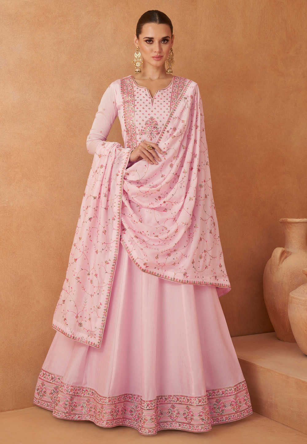 Rose Pink Traditional Embroidery Wedding Anarkali Suit main image 0