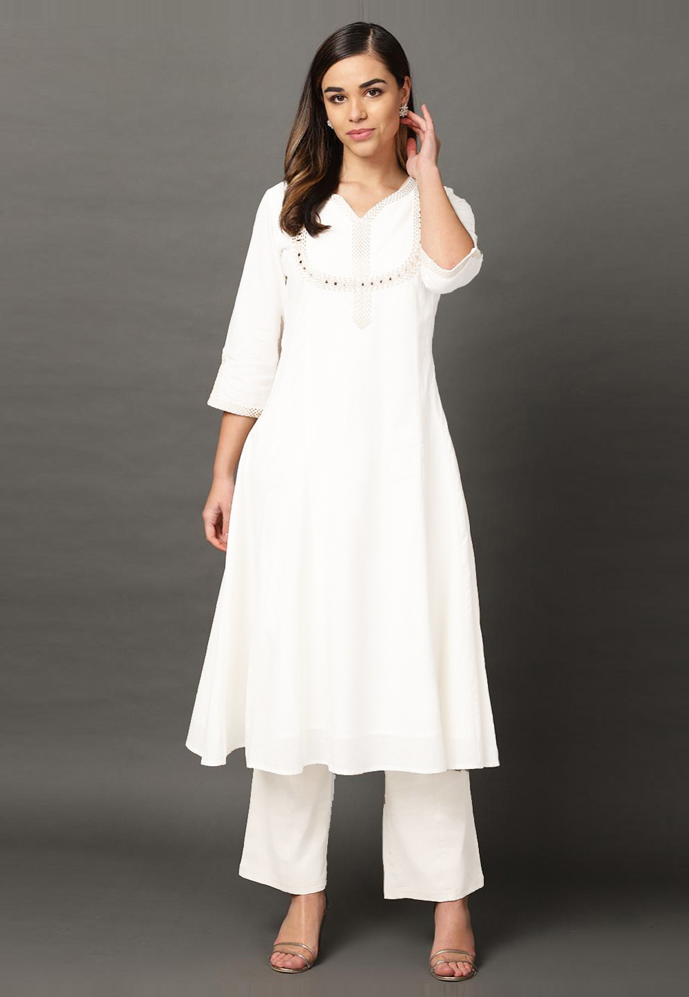 White Rayon Readymade Kurta Set With Palazzo 213412