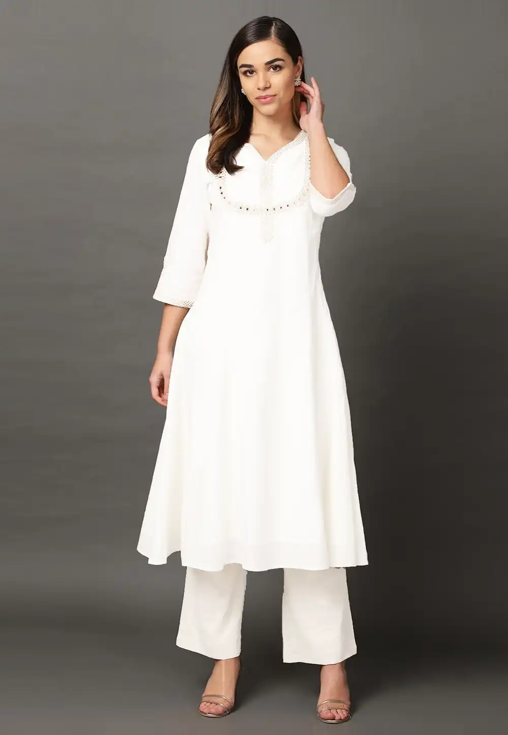 White Rayon Readymade Kurta Set With Palazzo 213412